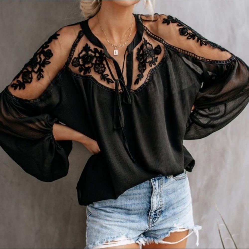 1 left! Semi Sheer Floral Lace Yoke Lantern Blouse - Picture 5 of 8